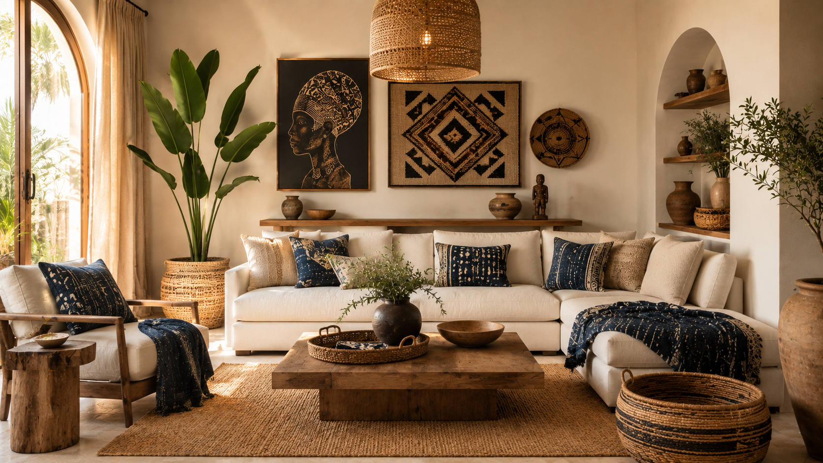 Masterfully balanced African boho living room combining cream sofa, walnut, indigo Adire, Berber rug and art